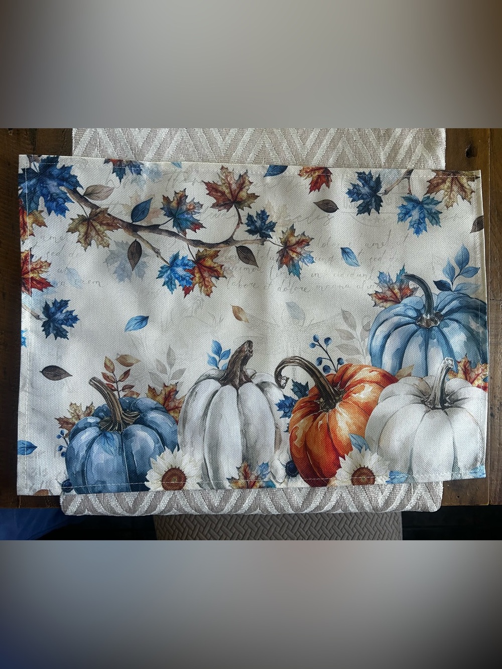 4 set Autumn Pumpkin placemats in Blue, White & Orange